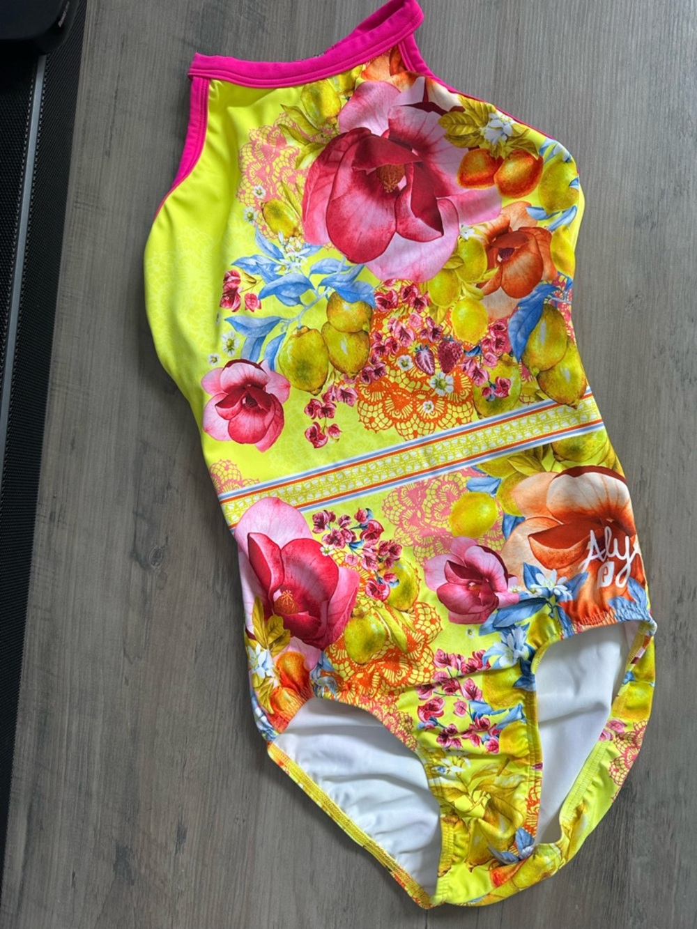 Girls' Bright Yellow Floral Sylvia P Leotard with Pink Trim